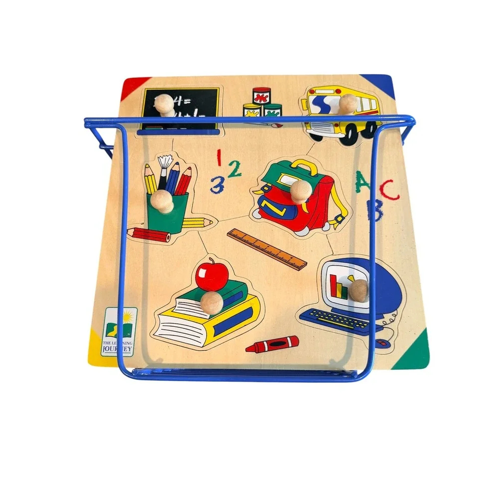 The Learning Journey Wooden Peg Puzzle Set of 6 with Blue Metal Storage Rack